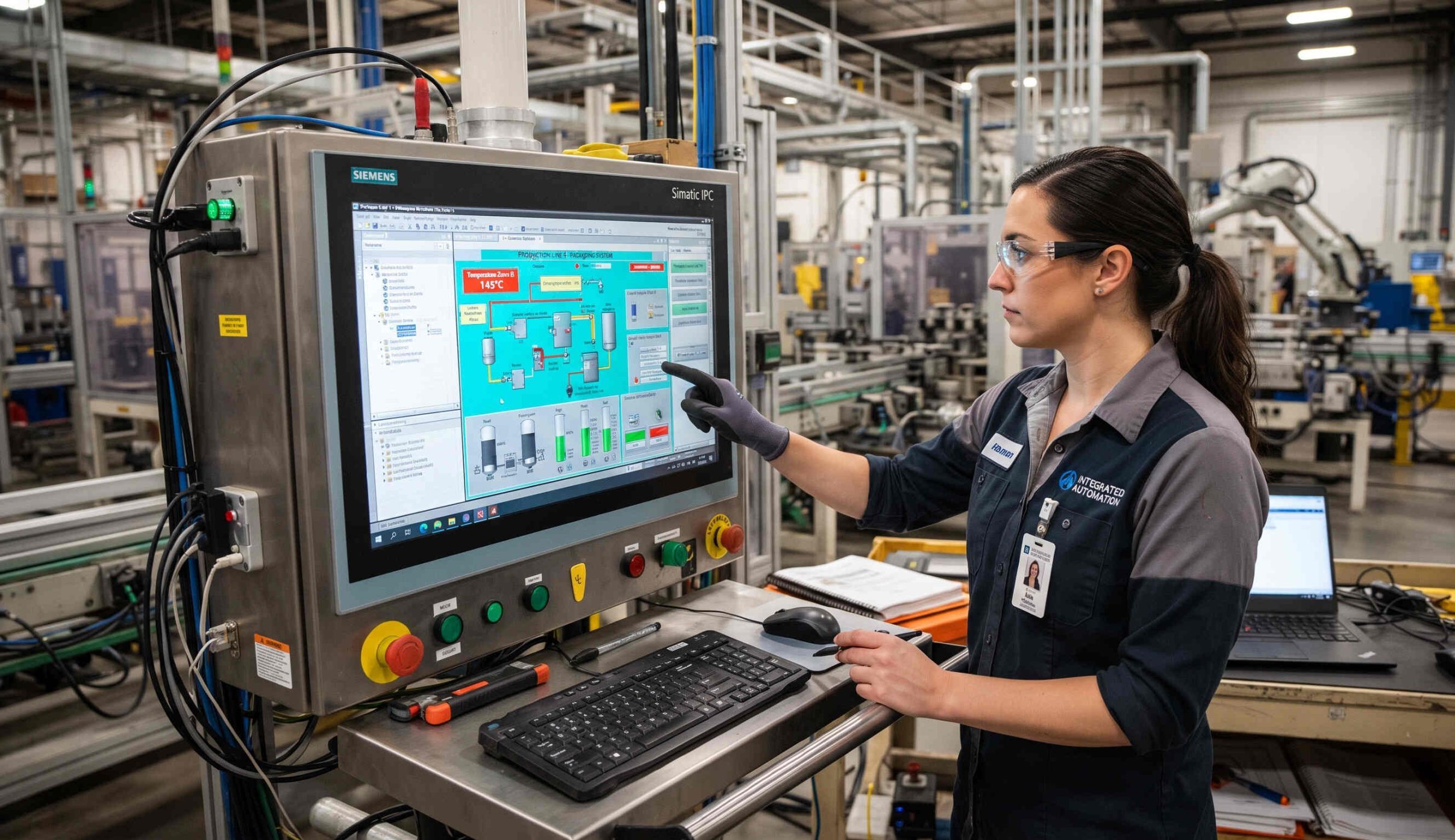 Engineer programming a modern HMI touch screen interface for industrial automation projects